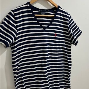 Ralph Lauren Sport Women’s Tshirt XL V Neck Striped Tee Polo Red Cotton Casual